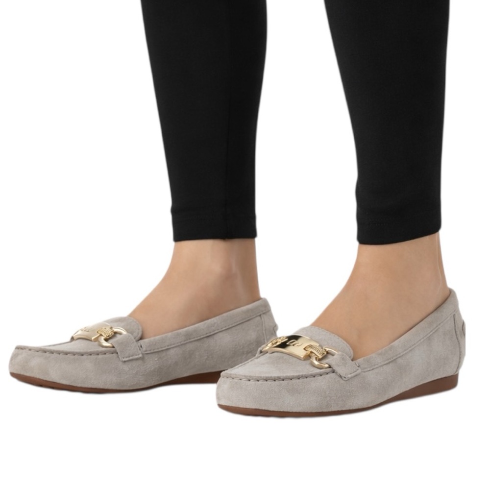 Kate Spade Gray Suede Horsebit Loafers Gold Hardware Quiet Luxury Flats Women 9